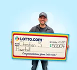 Winner Christian S. holds a check for $50,004 in his hands